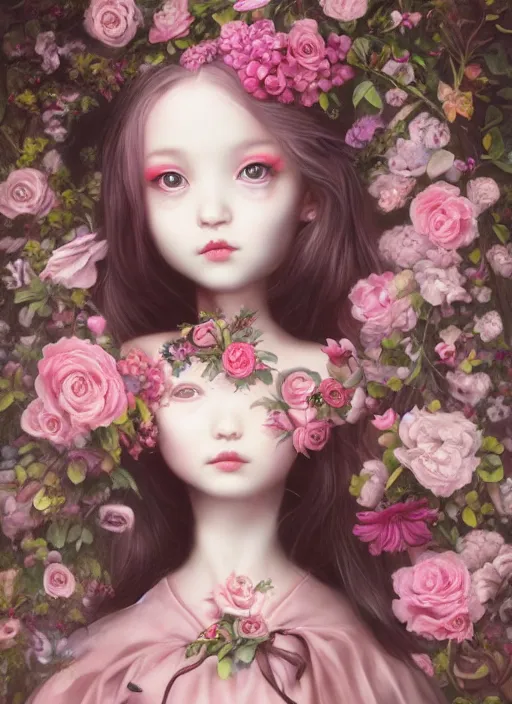 Prompt: pop surrealism, lowbrow art, realistic cute alice girl painting, pink bdy harness with flowers, japanese street fashion, hyper realism, muted colours, rococo, natalie shau, loreta lux, tom bagshaw, mark ryden, trevor brown style,