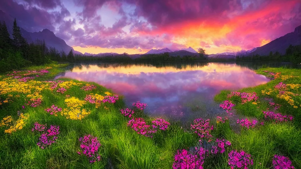 Image similar to amazing landscape photo of a flower bed with lake in sunset by marc adamus, beautiful dramatic lighting