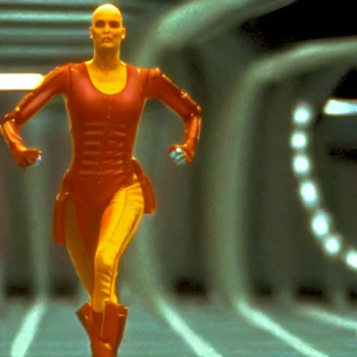 Image similar to The matrix, LeeLoo, Starship Troopers, Sprinters in a race with a clear winner, The Olympics footage, intense moment, cinematic stillframe, shot by Roger Deakins, The fifth element, vintage robotics, formula 1, starring Geena Davis, sports photography, clean lighting