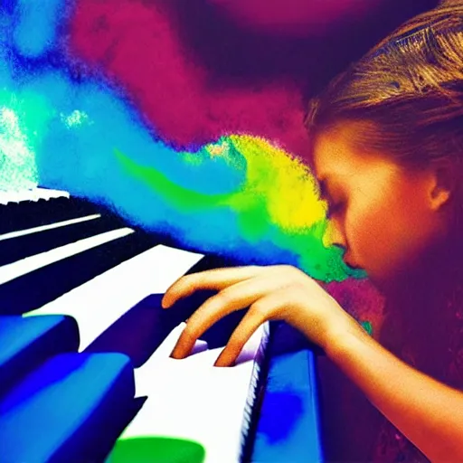 Image similar to teenager playing piano music art colorful notes moving dinamic fuzzy cool brush strokes stains lines colors