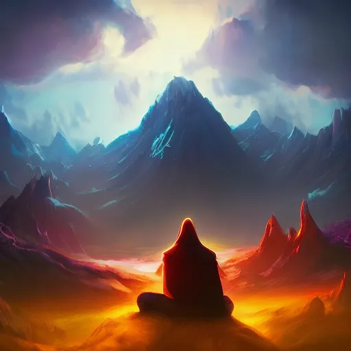 Prompt: zed from league of legends, zed, league of legends, meditation, meditating peacefully, surrealistic landscape, distant fog, large mountains, colorful, volumetric lighting, artstation, devianart, sharp focus, cinematic, digital art