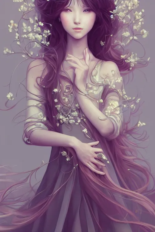 Image similar to romantic and fashion and love princess of the flower with sheath dress, 8 k realistic, teenager girl, baroque, symmetrical, flowing hair, smile, trending pinterest and pixiv, muted colors, hyperrealistic, l close up shot, character concept art, face by kyoung hwan kim, alexandra fomina, ilya kuvshinov