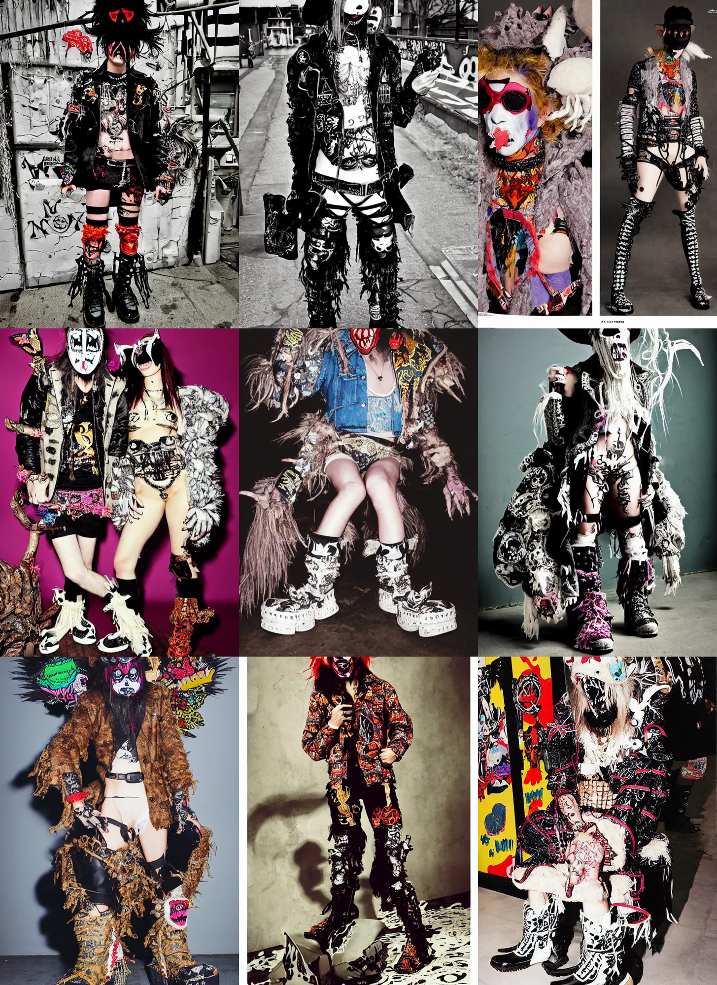 Prompt: photo of lace monster butterfly cowboy eye patch wearing ripped up dirty Swear kiss monster teeth yeti platform boots in the style of Walter Van Beirendonck W&LT by 1990's FRUiTS magazine by Shoichi Aoki in the style of 20471120 by Ed Hardy by Von Dutch by Christopher Nemeth in the style of Harajuku stret style japan and in the style Rammellzee by Insane Clown Posse in the style of Ai Yazawa's Nana by CyberDog and emo scene style by Ryan Trecartin in the style of Dorian Electra by Rick Owens by Jun Takahashi in a dirty dark dark dark poorly lit bedroom full of trash and garbage server racks and cables everywhere in the style of Juergen Teller in the style of Shoichi Aoki, japanese street fashion, KEROUAC magazine,, Milk Bar Magazine, Vivienne Westwood, y2K aesthetic