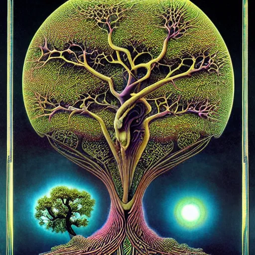 Image similar to sacred mulberry tree by roger dean and andrew ferez, art forms of nature by ernst haeckel, divine chaos engine, tree of life, symbolist, visionary, art nouveau, botanical fractal structures, lightning, surreality, lichtenberg figure