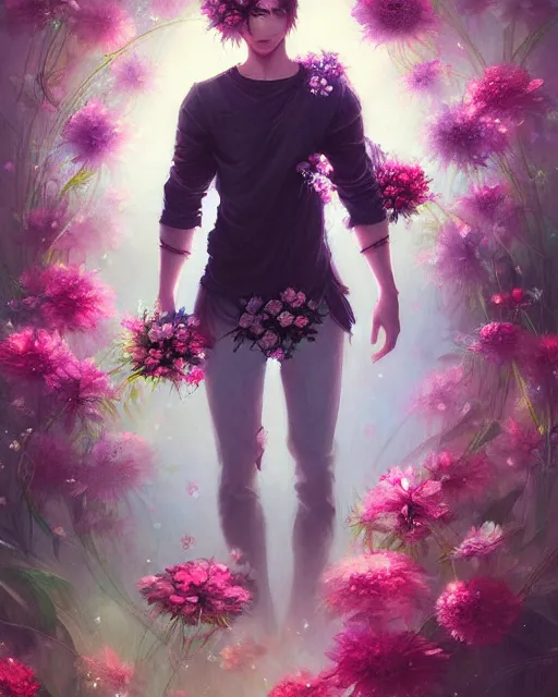 Image similar to a painting of a beautiful man surrounded by flowers, an ultrafine detailed painting by ross tran, centered full body, featured on deviantart, fantasy art, detailed painting, deviantart, anime
