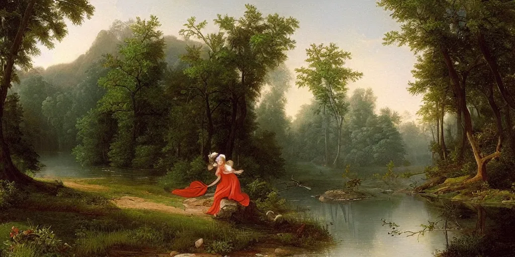 Prompt: Fairy playing. by a calm, round forest lake. early morning mist. Oil painting. masterwork. by Asher Brown Durand.