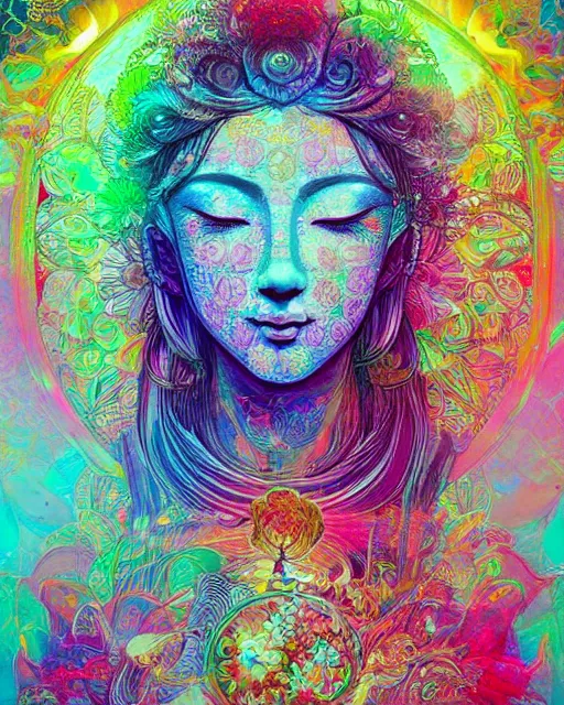 Image similar to flower of life contented peaceful bright eyes smiling bodhisattva, praying meditating, portrait, intricate, colorful, symmetrical, art by artgerm and wlop and james jean and carne griffiths, artstation 8 k uhd