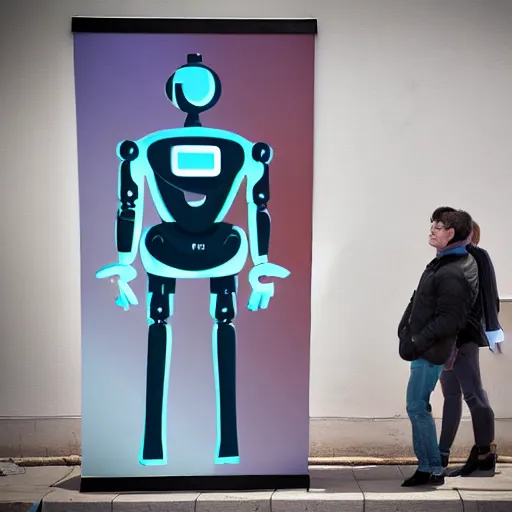 Prompt: a robot looking at a poster for the ai revolution in 2 1 0 0, photograph