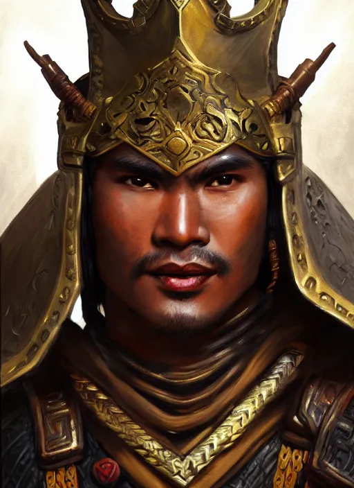 Image similar to smart tai warlord, closeup portrait, historical hero, ethnic group, khmer costume, bronze headset, intricate, with leather armor cross on bare chest, elegant, loin cloth, highly detailed, oil painting, artstation, concept art, matte, sharp focus, illustration, hearthstone, art by earl norem