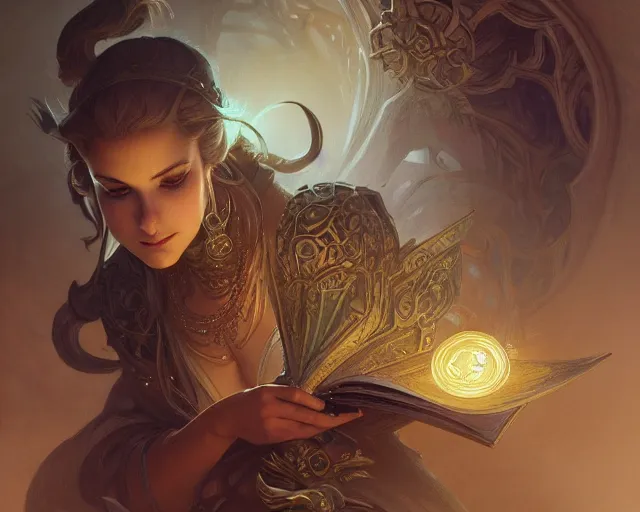 Image similar to close up of a dusty spell book, deep focus, d & d, fantasy, intricate, elegant, highly detailed, digital painting, artstation, concept art, matte, sharp focus, illustration, hearthstone, art by artgerm and greg rutkowski and alphonse mucha