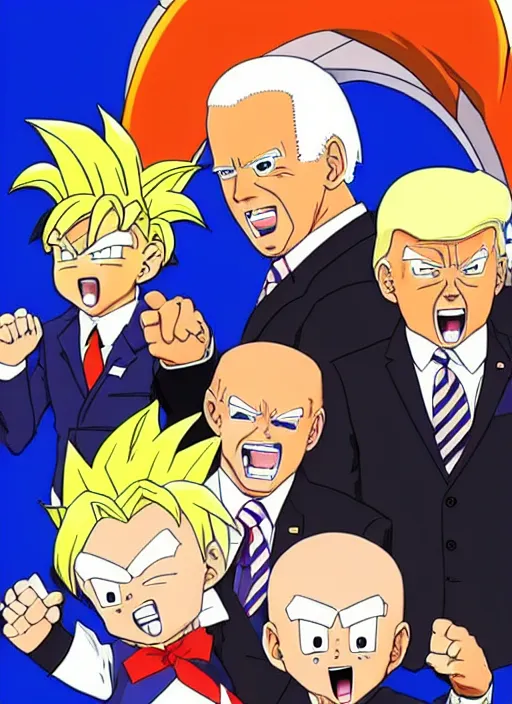 Image similar to : obama trump and biden as anime cartoon character design dragonball z