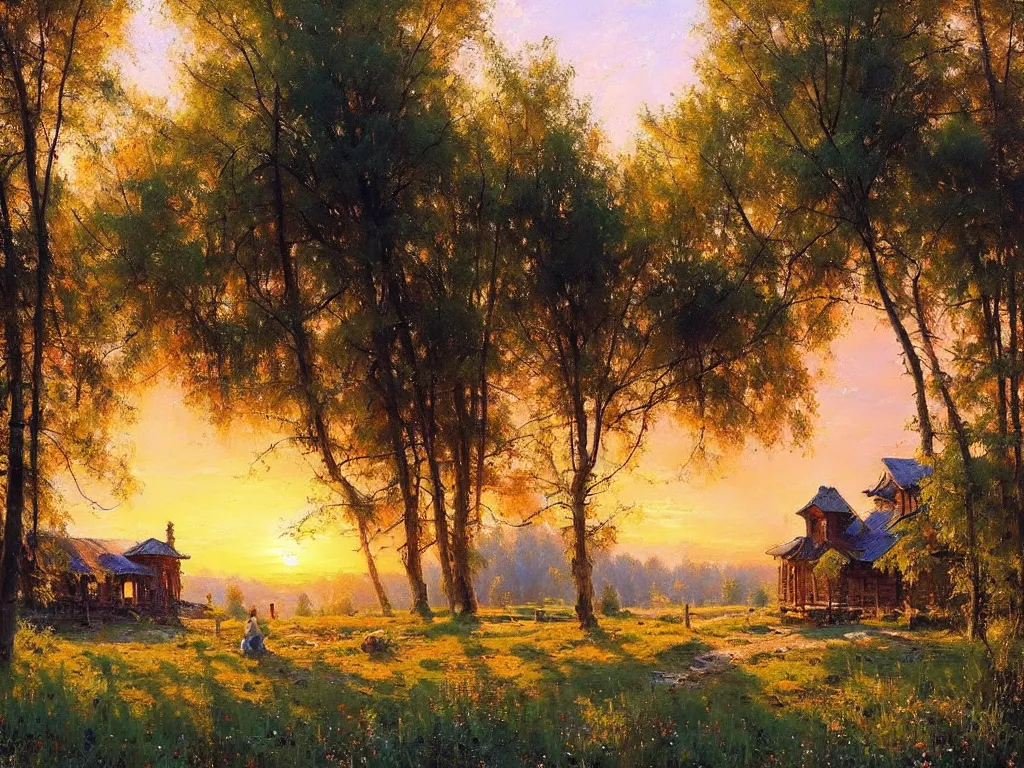 Prompt: beautiful landscape house in the village summer, evening, sun is going down warm color palette natural lighting, soft light, artstation high detailed, melancholy pastel art, oil on canvas by ivan shishkin and robert hagan