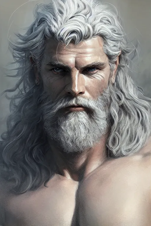 Prompt: photo portrait of rugged zeus, god of thunder, greek god, white hair, masculine, mature, handsome, upper body, muscular, hairy chest, fantasy, intricate, elegant, highly detailed, digital painting, artstation, concept art, smooth, sharp focus, illustration, art by gaston bussiere and greg rutkowski