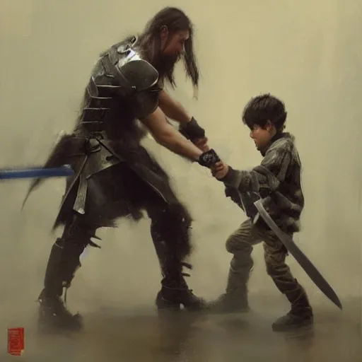 Prompt: a sword fight between a man and his much younger kid brother. Ruan Jia, Phil Hale