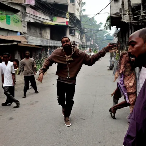 Image similar to photograph of Kanye West dancing in a street of Dhaka