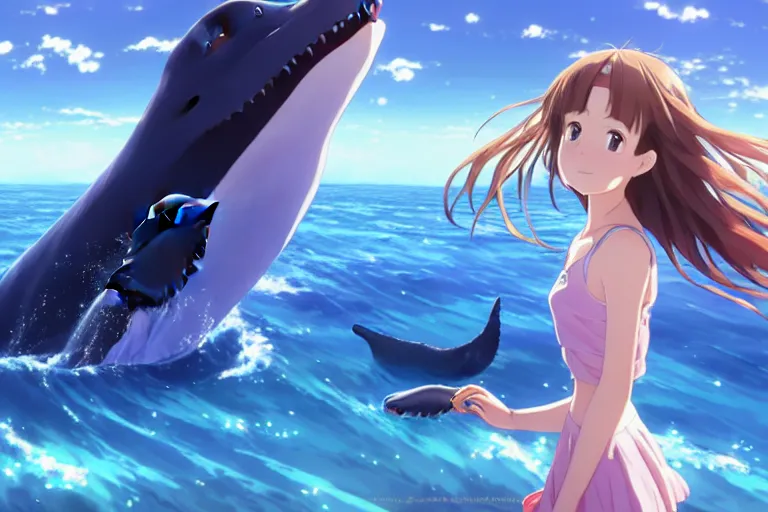 Image similar to a panorama distant view under the water, anime art full body portrait character concept art, hyper detailed cg rendering of a cute girl and whale, anime key visual of children of the sea, finely detailed perfect face, style of raphael lacoste, makoto shinkai, violet evergarden, studio ghibli, james jean, hayao miyazaki, extremely high quality artwork