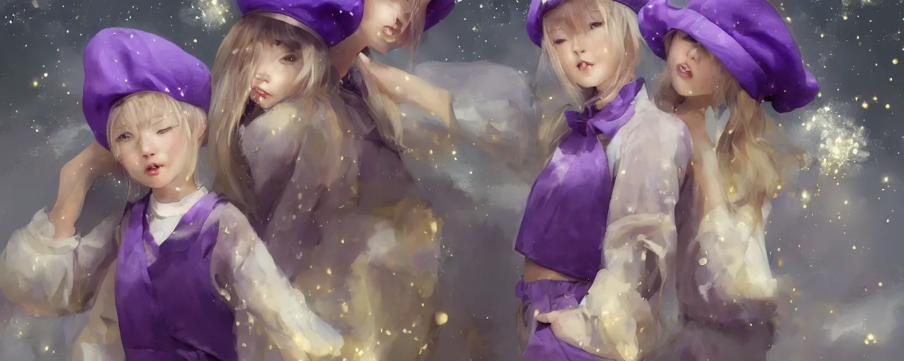 Prompt: Full View of many mysterious girls with short blond hair wearing an oversized purple Beret, Baggy Purple overall shorts, Short Puffy pants made of silk, silk shoes, a big billowy scarf, Golden Ribbons, white leggings Covered in stars. Short Hair. masterpiece 4k digital illustration by Ruan Jia and Mandy Jurgens and Artgerm and william-adolphe bouguereau, award winning, Artstation, art nouveau aesthetic, Alphonse Mucha background, intricate details, realistic, panoramic view, Hyperdetailed, 8k resolution, intricate art nouveau