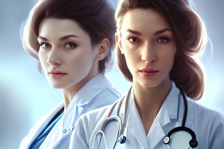 Image similar to a elegant and beautiful female doctor in a white coat in a clinic, cinematic, highly detailed, digital painting, artstation, concept art, matte, sharp focus, illustration, art by artgerm and greg rutkowski