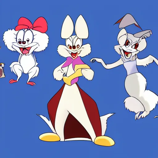 Image similar to in the style of animaniacs, anthropomorphic mink, female, white fur,