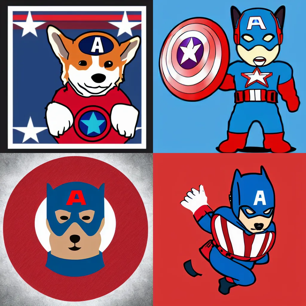 Prompt: corgi dressed as captain America, vector illustration, no cutoff