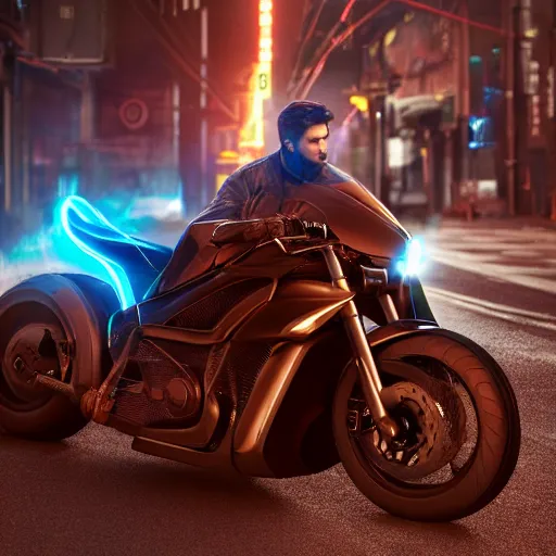 Image similar to a hyperrealistic photograph 3D octane render of a single wheel motorcycle concept design Japanese engineering in the streets of fire, trending on artstation, 4K, dramatic lighting, glowing, volumetric lighting, ray tracing, unreal engine