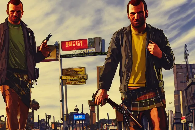 Image similar to a beautiful scottish drug taking man gta 5 loading screen art, trending on artstation