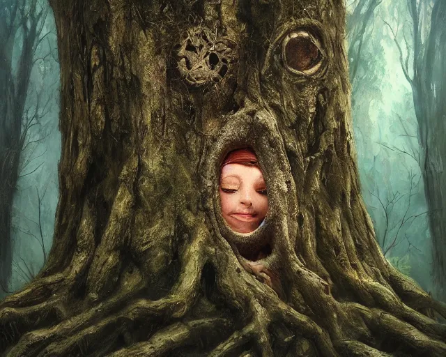 Prompt: a talking tree, a face in the bark, big eyes, fantasy concept art, oil painting, hyperrealistic, highly detailed, artstation, cgsociety, in the forest