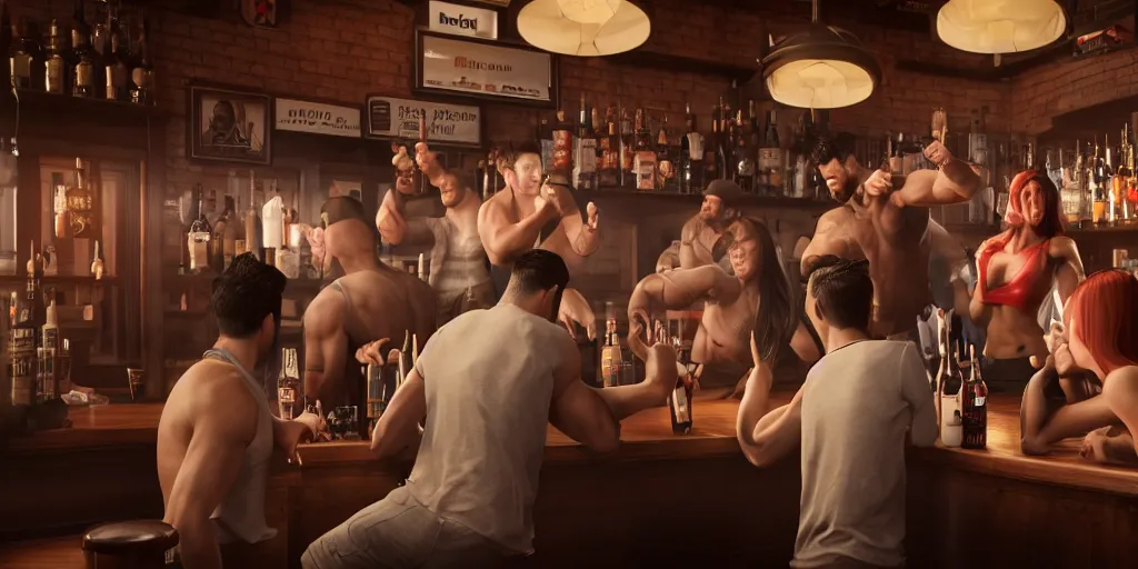 Prompt: a photo of a bar fight inside a pub between attractive people of diverse ethnicities, Leica, symmetrical faces, muscles, detailed faces, accurate faces, 4k, 3D render, hyperrealism, editorial, photorealistic, crisp details, sharp focus, wide angle lens, octane render, cinematic lighting