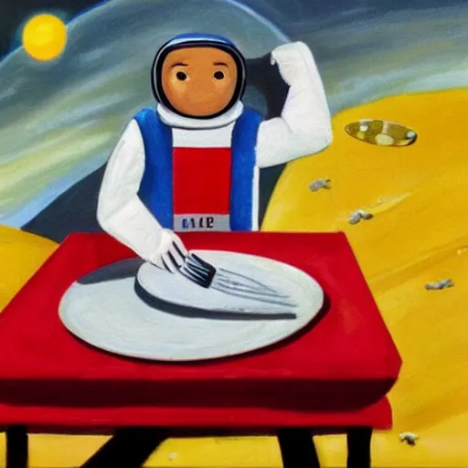 Image similar to An astronaut on the moon without his helmet eating garlic bread with knife and fork on top of a red table and earth in the background,oil painting