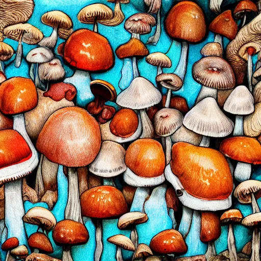 Image similar to macro photo with a mushroom character with cute eyes and mycelium, very close to real nature, natural colors and natural surroundings, painted patterns and coloring on mushrooms, 8K, highly detailed, cartoon