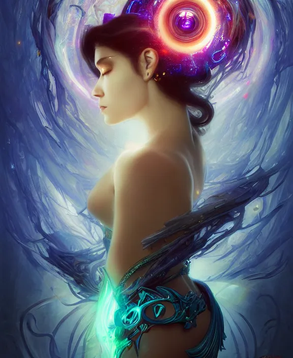 Image similar to a whirlwind of souls rushing inside the metaverse, half body, glowin eyes, tiara with sapphire, pharaoh, android, cyberpunk, d & d, fantasy, intricate, elegant, highly detailed, colorful, vivid color, digital painting, artstation, concept art, art by artgerm and greg rutkowski and alphonse mucha and ruan jia