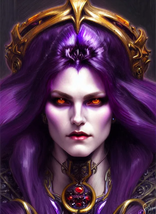 Image similar to close up character concept portrait of a vampire in amethyst armor with purple hair, strong, intricate, elegant, intense, stoic, highly detailed, digital painting, artstation, concept art, symmetry, smooth, sharp focus, illustration, black and red, art by gaston bussiere and alphone mucha