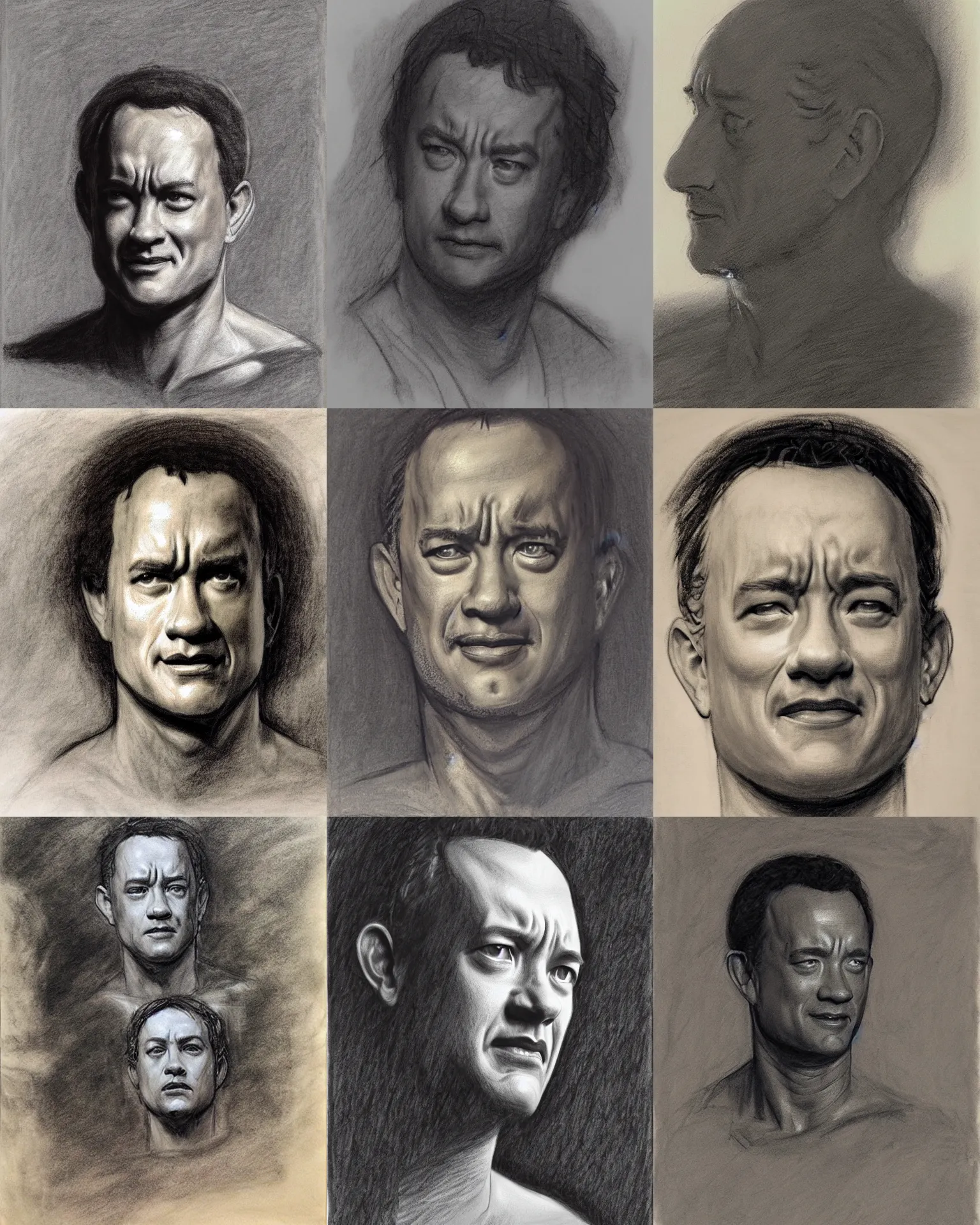 Prompt: charcoal study of tom hanks for painting, by michelangelo, james gurney, da vinci