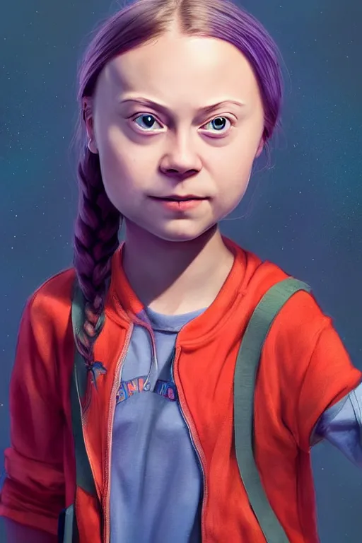 Image similar to greta thunberg as a cute pixar character, vivid colors, high details, cinematic, 8k resolution, beautiful detailed, photorealistic, digital painting, artstation, concept art, smooth, sharp focus, illustration, fantasy background, artstation trending, octane render, unreal engine