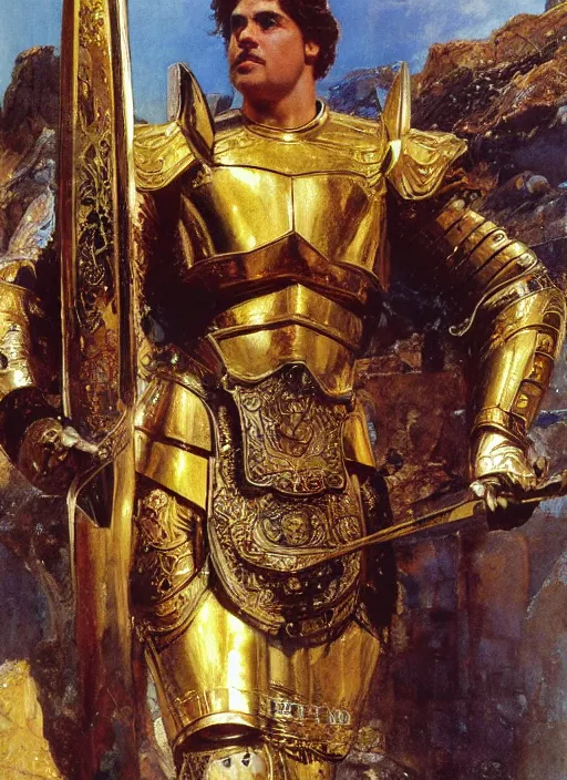 Image similar to a portrait of huge godlike achilles dressed in golden armour standing at the walls of troy, by john berkey and lawrence alma tadema and rick berry and norman rockwel