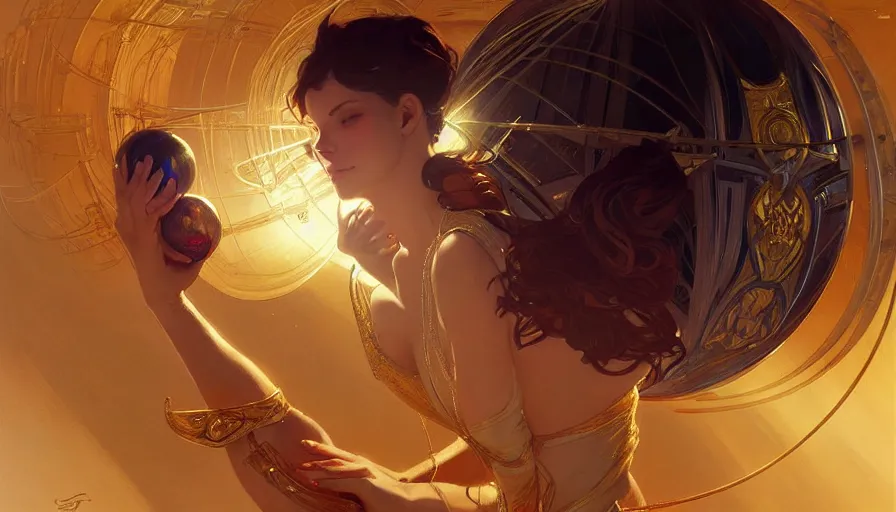 Prompt: a spherical flying probe made of gold, elegant, cinematic shot, intricate digital painting artstation concept art smooth sharp focus illustration, art by artgerm and greg rutkowski and alphonse mucha