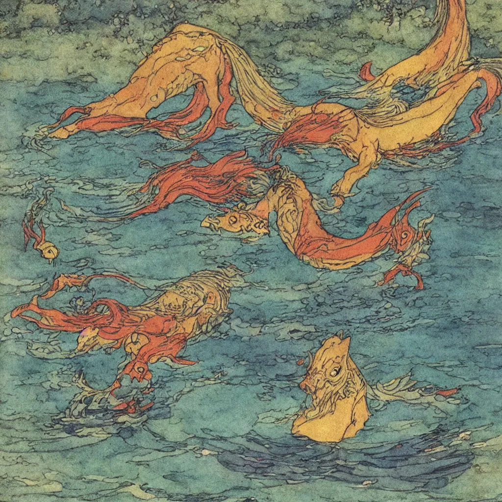 Image similar to an extremely colorful depiction of a merhorse in a lake, rearing up with its tail tucked underneath, from a book of fairy tales illustrated by edmund dulac