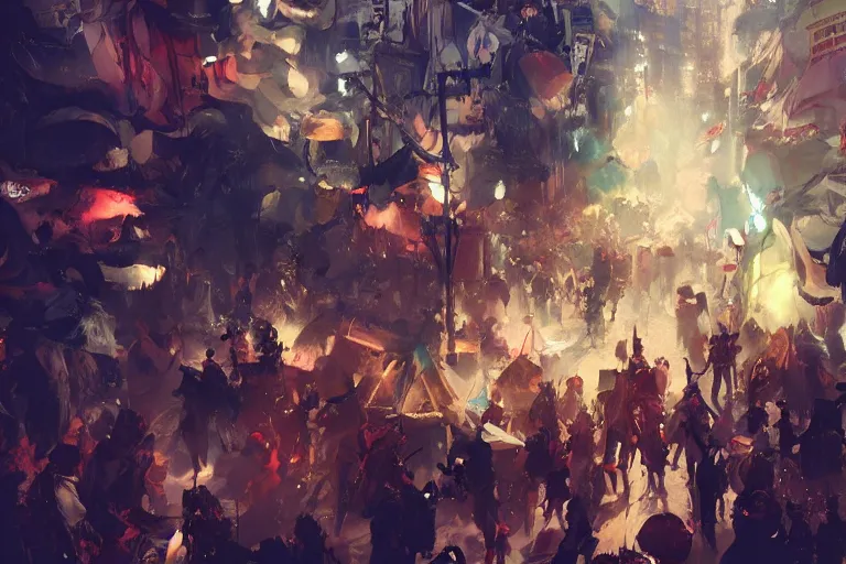 Image similar to street carnival, street party , cinematic lighting, dramatic atmosphere, by Dustin Nguyen, Akihiko Yoshida, Greg Tocchini, Greg Rutkowski, Cliff Chiang, 4k resolution, trending on artstation