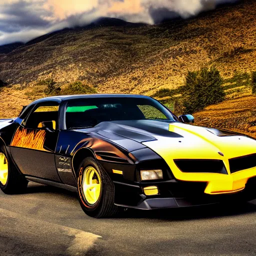 Prompt: black pontiac firebird trans - am driving towards the camera, mountain, valley, breathtaking mountains, lake, dynamic, sunrise, cinematic, motionblur, sunbeams, volumetric lighting, wide shot, low angle, mind flayer, lightning, mind flayer, lightning creature