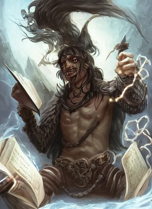 Prompt: DND character, a man with tan skin and long straight black hair, reading an evil demonic book, evil energy writhing, chains, in an ancient tomb, rogue class warrior class