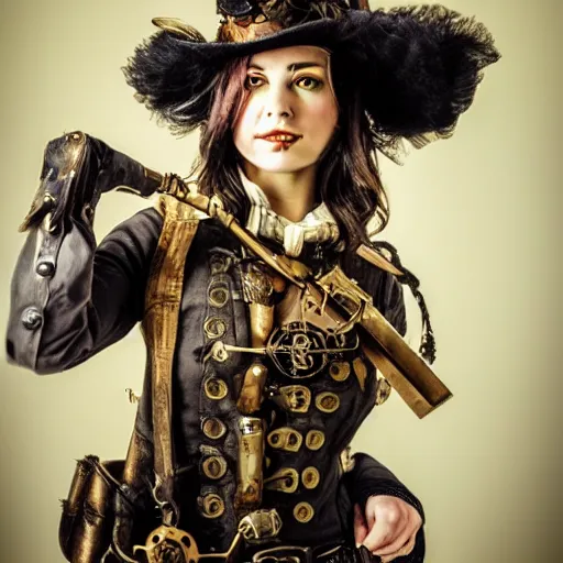 Prompt: photo of a female steampunk warrior