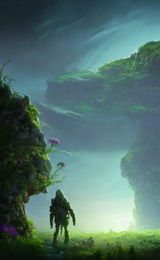 Image similar to a plant creature, plant filaments and flowers, walking on an alien planet with aliens plants, looking at an alien breathtaking landscape, cinematic lighting, concept art, artstation