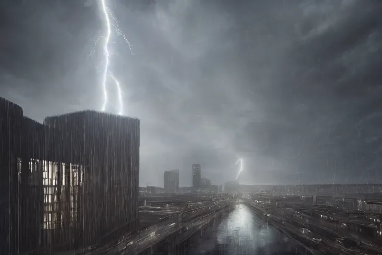 Prompt: a towering cathedral of brutalist architecture, metal, concrete, mist, rain, night, dramatic lighting, lightning bolt, trending on Artstation, 8k, photorealistic, hyper detailed, unreal engine 5, IMAX quality, cinematic, epic lighting, in the style of Greg Rutkowski