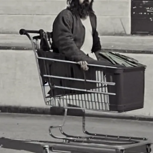 a photograph of homeless jesus pushing a shopping cart | Stable ...