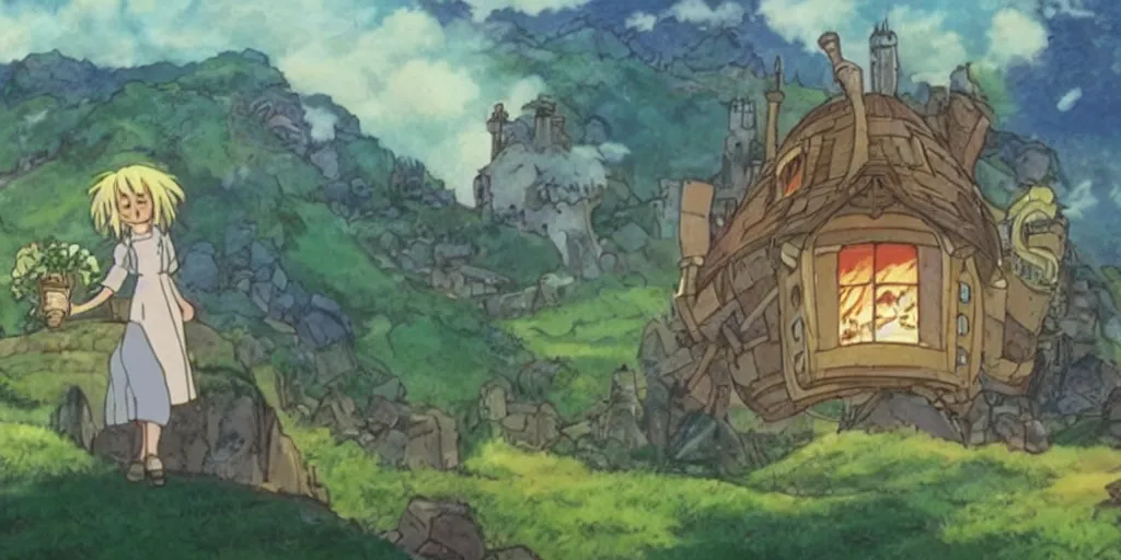 Image similar to a film still from howl's moving castle!!!!! of hobbiton, light bloom, studio ghibli!!!!!