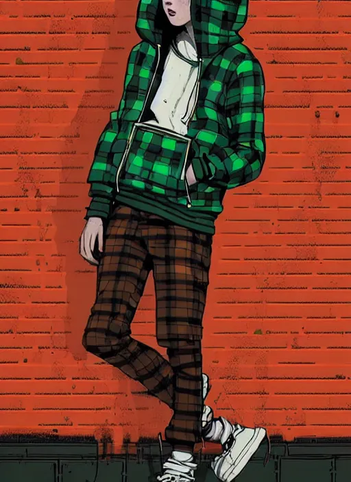 Image similar to highly detailed portrait of a sewer style seattle student, tartan hoody, by atey ghailan, by greg rutkowski, by greg tocchini, by james gilleard, by joe fenton, by kaethe butcher, gradient green, brown, blonde crea, orange, brown and white color scheme, grunge aesthetic!!! ( ( graffiti tag wall background ) )