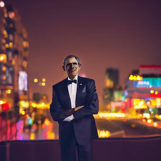 Image similar to a still of Barak Obama. Shallow depth of field. City at night in background, lights, colors ,studio lighting, mood, 4K. Profession photography