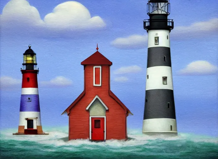 Image similar to whimsical simple folk art lighthouses, lowbrow, matte painting, 3 - d highly detailed, in the style of ammi phillips,