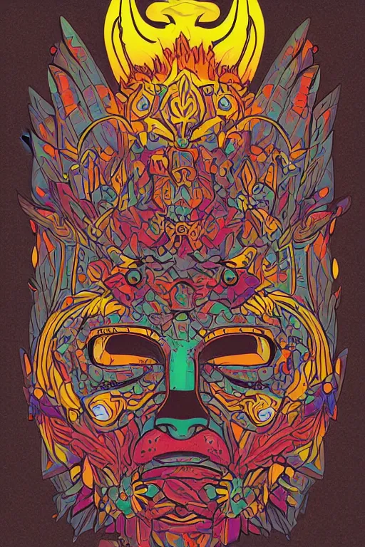 Image similar to animal mask totem roots flower tribal feather gemstone plant wood rock shaman vodoo video game vector cutout illustration vivid multicolor borderlands comics by josan gonzales and dan mumford radiating a glowing aura