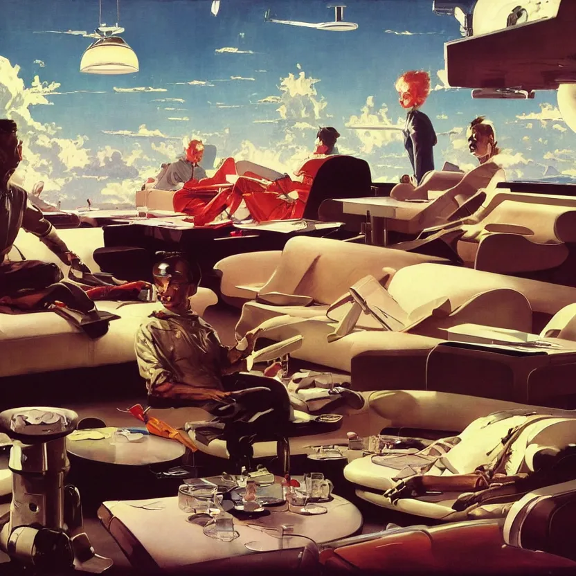 Prompt: a futuristic lounge room on the edge of a meadow. billowing clouds. highly detailed science fiction painting by norman rockwell, frank frazetta, and syd mead. rich colors, high contrast, gloomy atmosphere. trending on artstation.